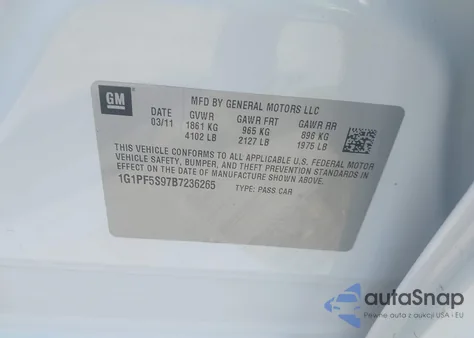 2011 Chevrolet Cruze 1Lt z USA, uszkodzony, nr VIN 1G1PF5S97B7236265